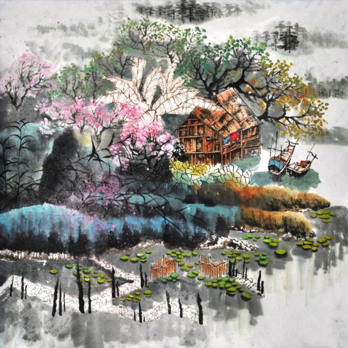 Tang Zhizhen Art Chinois - Printemps dans un village au bord de l’eau