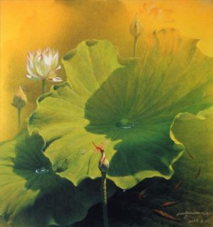 Peinture à l'huile contemporaine - Lotus et poisson