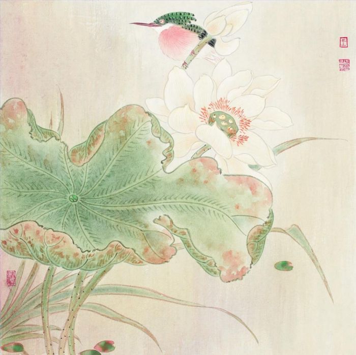 Wang Shaoheng Art Chinois - Peinture de fleurs et d'oiseaux dans un style traditionnel chinois