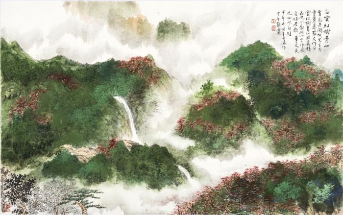 Wang Shitao Art Chinois - Nuage blanc, arbres rouges et montagne verte