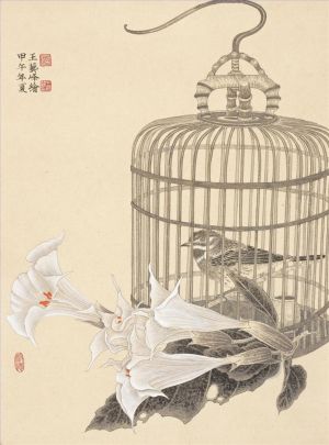 Wang Yifeng œuvre - Peinture de fleurs et d'oiseaux dans le style traditionnel chinois 2