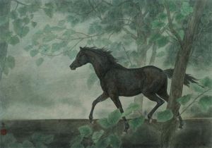 Art chinoises contemporaines - Un cheval noir dans la forêt