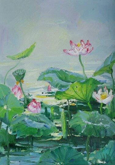 Wu Guoran Peinture à l'huile - Étang de Lotus