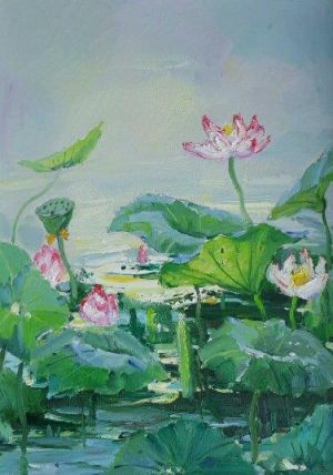 Peinture à l'huile contemporaine - Étang de Lotus