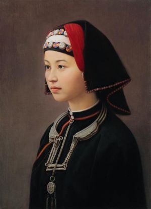 Peinture à l'huile contemporaine - Une jeune fille de nationalité Yao
