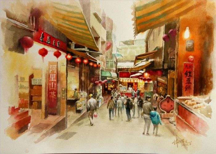 Xie Huifan Peinture à l'huile - Une vieille ruelle dans la ville de montagne Jiufen