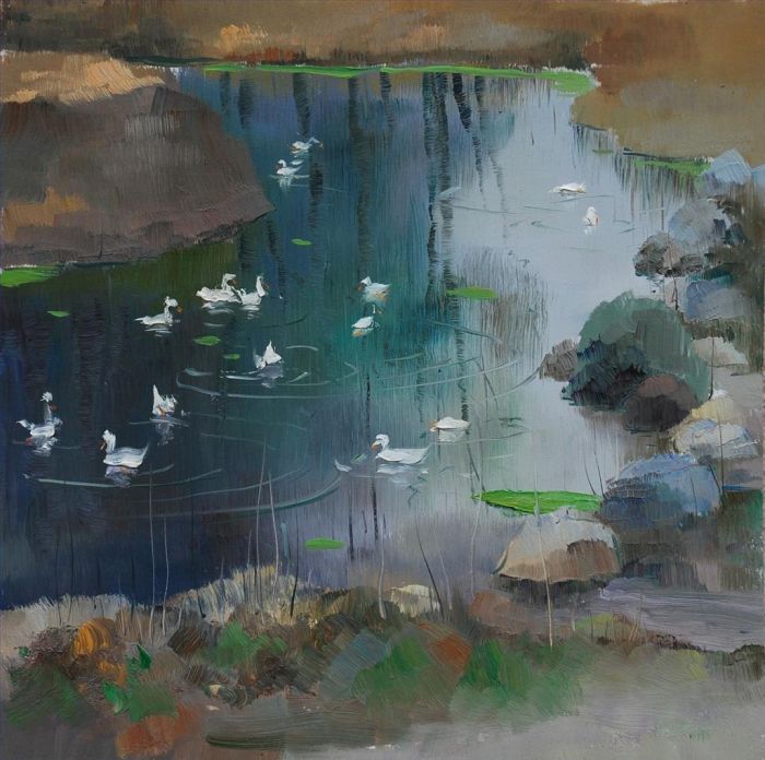 Xie Lantao Peinture à l'huile - Le printemps se réchauffe dans le lac