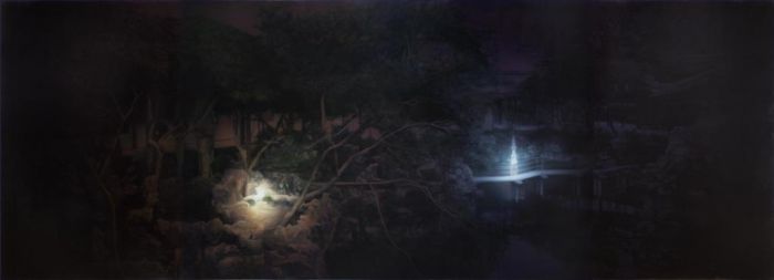 Yang Xun Peinture à l'huile - Un pont de galerie la nuit