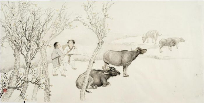 Yang Yunxi Art Chinois - Cinq bœufs