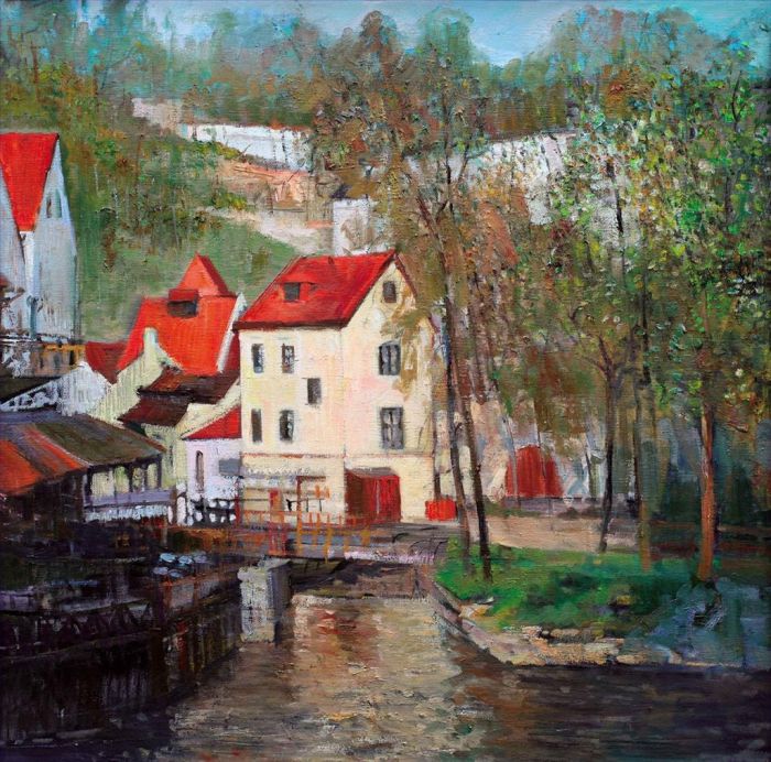 Yu Chen Peinture à l'huile - Une petite ville en République tchèque
