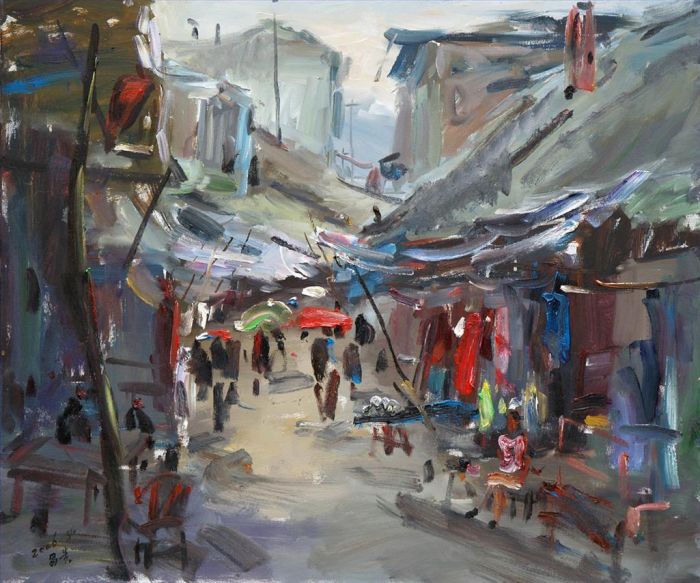 Zhang Changgui Peinture à l'huile - Bazar dans une petite ville