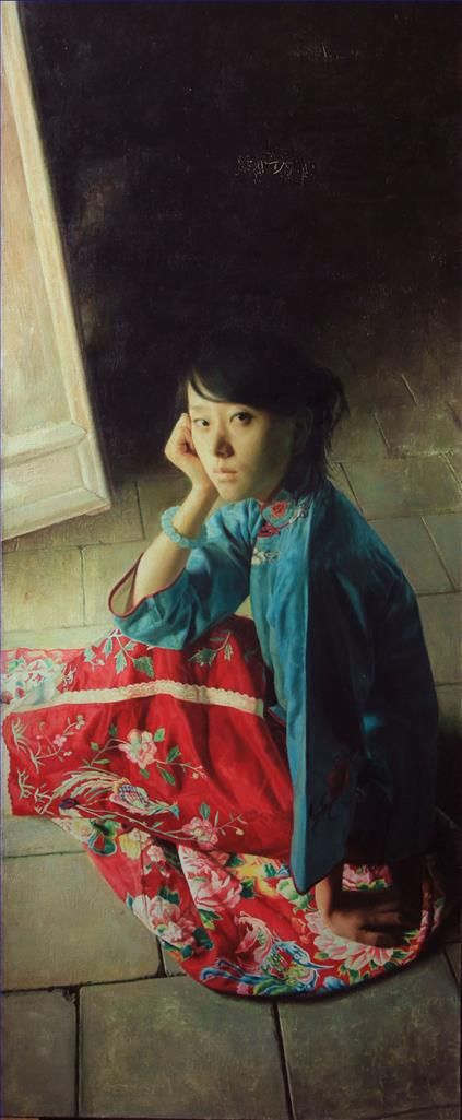 Zhang Hong Peinture à l'huile - Une fille en bleu