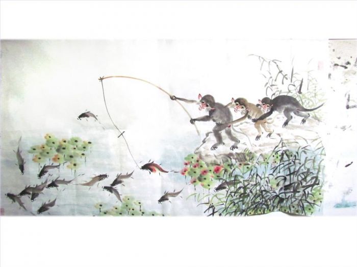 Zhang Naicheng Art Chinois - La pêche du singe