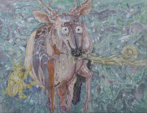 Peinture à l'huile contemporaine - Pierre porte-bonheur et Animal étrange 2