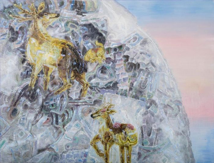 Zhang Yang Peinture à l'huile - Pierre porte-bonheur et animal étrange