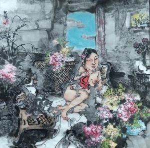 Zhang Zhichao œuvre - Une beauté parmi les fleurs