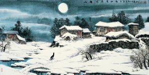 Tous les types de peintures contemporaines - Clair de lune sur le champ de neige dans le village de montagne