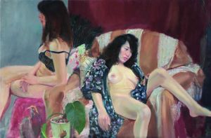 Peinture à l'huile contemporaine - Deux femmes nues