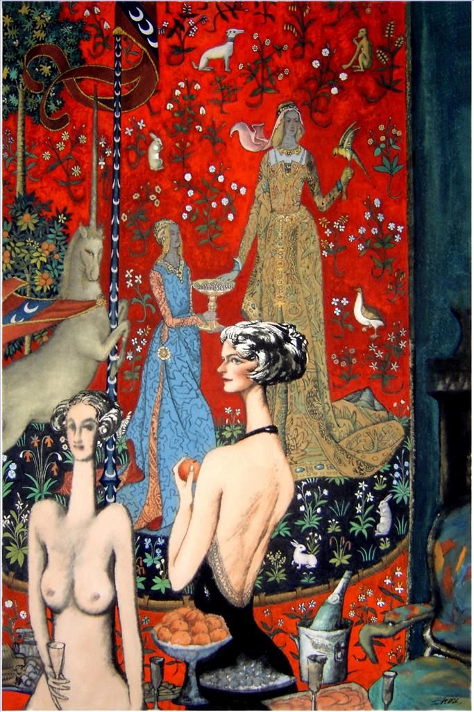 Zhou Gang Art Chinois - Femmes nobles et Gustation Licorne