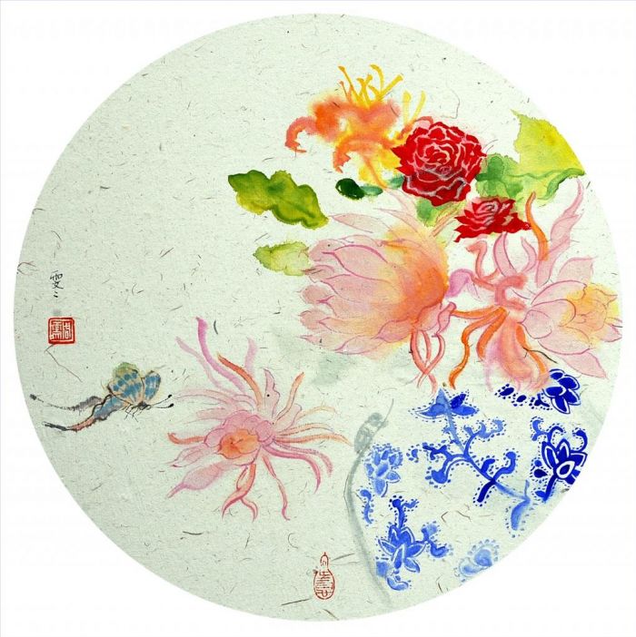 Zhou Wenwen Art Chinois - Série Porcelaine Bleue et Blanche Fleurs Oiseaux et Papillon