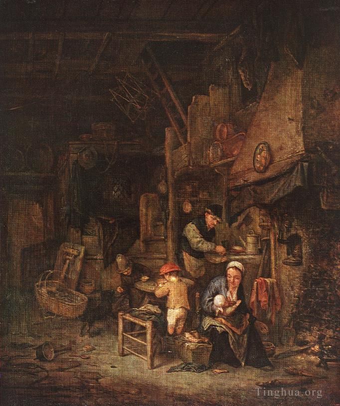Adriaen van Ostade Peinture à l'huile - Intérieur avec une famille paysanne