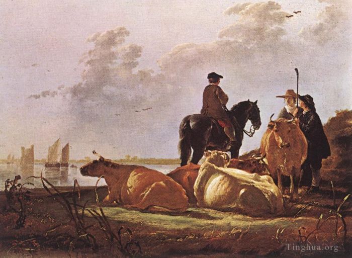 Aelbert Cuyp Peinture à l'huile - Paysans avec quatre vaches au bord de la rivière Merwede