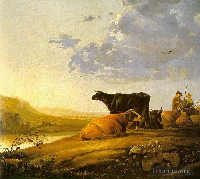 Aelbert Cuyp Peinture à l'huile - Jeune berger avec des vaches