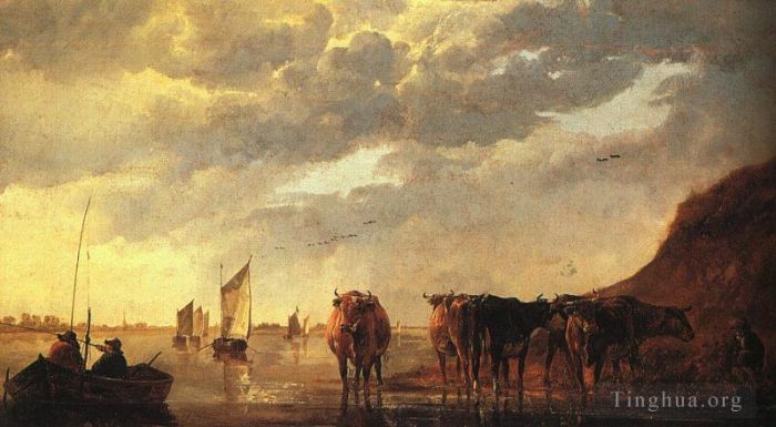 Aelbert Cuyp Peinture à l'huile - Berger avec des vaches au bord d'une rivière