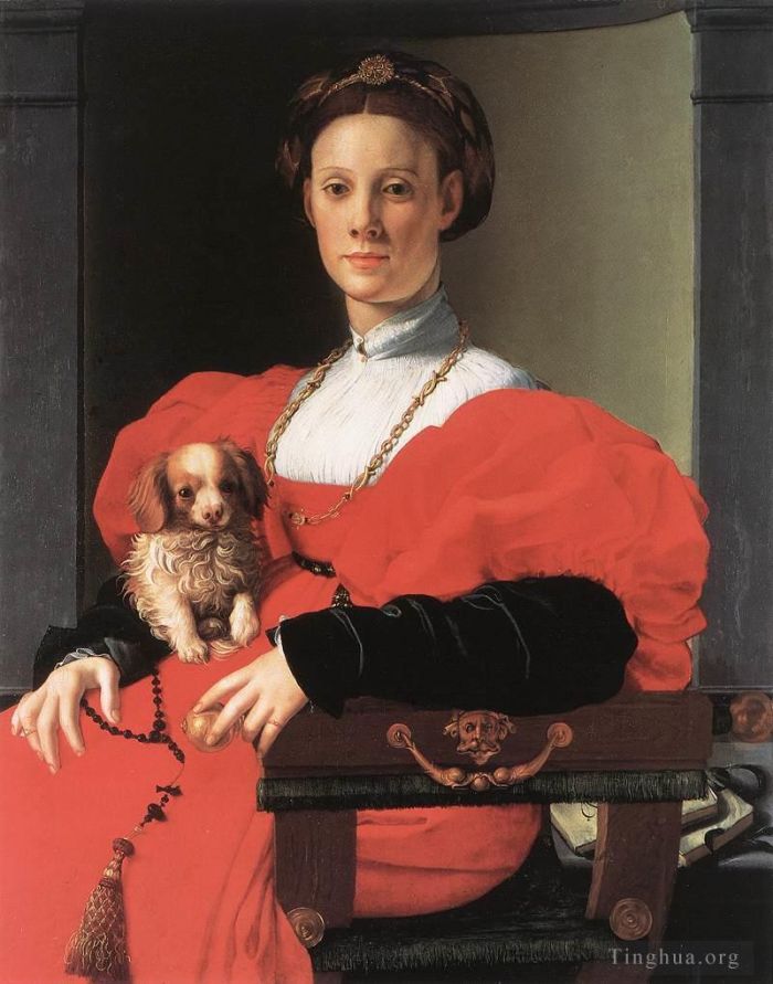 Agnolo di Cosimo Peinture à l'huile - Portrait d'une dame avec un chiot