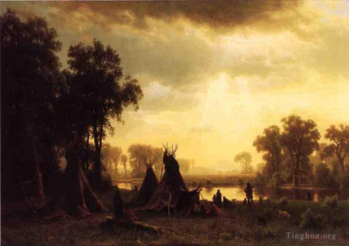 Albert Bierstadt Peinture à l'huile - Un campement indien