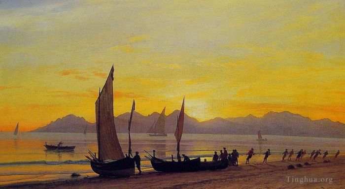 Albert Bierstadt Peinture à l'huile - Bateaux à terre au coucher du soleil luminisme