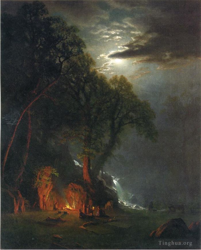 Albert Bierstadt Peinture à l'huile - Site de feu de camp Yosemite