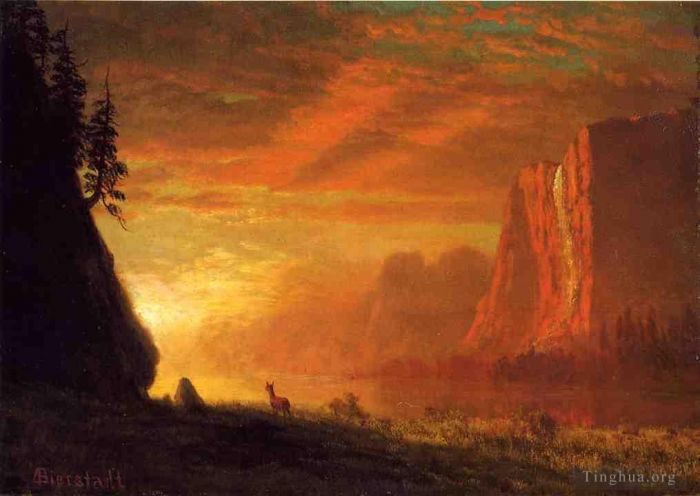 Albert Bierstadt Peinture à l'huile - Cerf au coucher du soleil