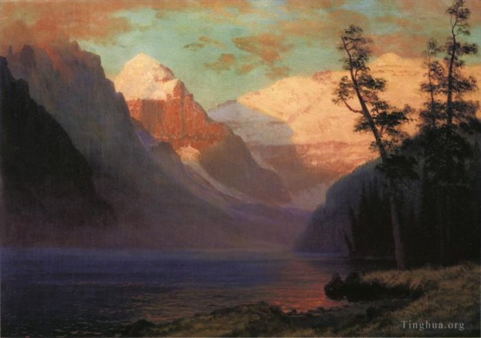 Albert Bierstadt Peinture à l'huile - Lueur du soir Lake Louise