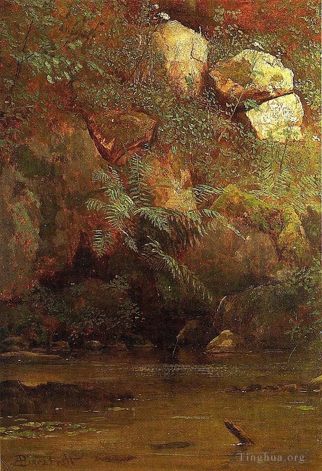 Albert Bierstadt Peinture à l'huile - Fougères et rochers sur un remblai