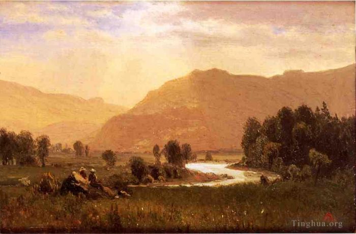 Albert Bierstadt Peinture à l'huile - Personnages dans un paysage de la rivière Hudson