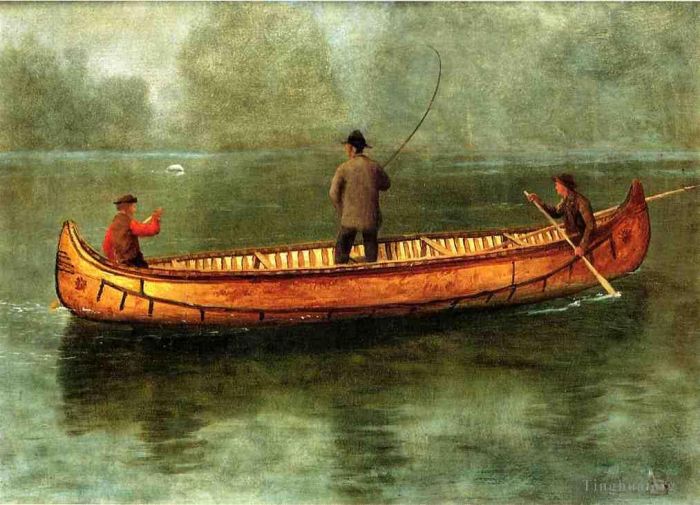 Albert Bierstadt Peinture à l'huile - Pêche à partir d'un paysage marin luminisme en canoë