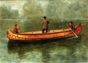Albert Bierstadt œuvres - Pêche à partir d'un paysage marin luminisme en canoë