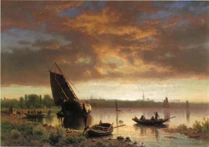 Albert Bierstadt Peinture à l'huile - Scène portuaire