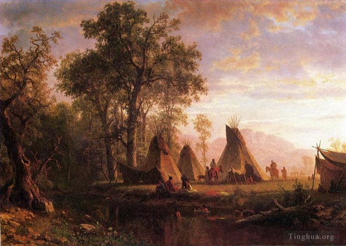 Albert Bierstadt Peinture à l'huile - Campement indien en fin d'après-midi