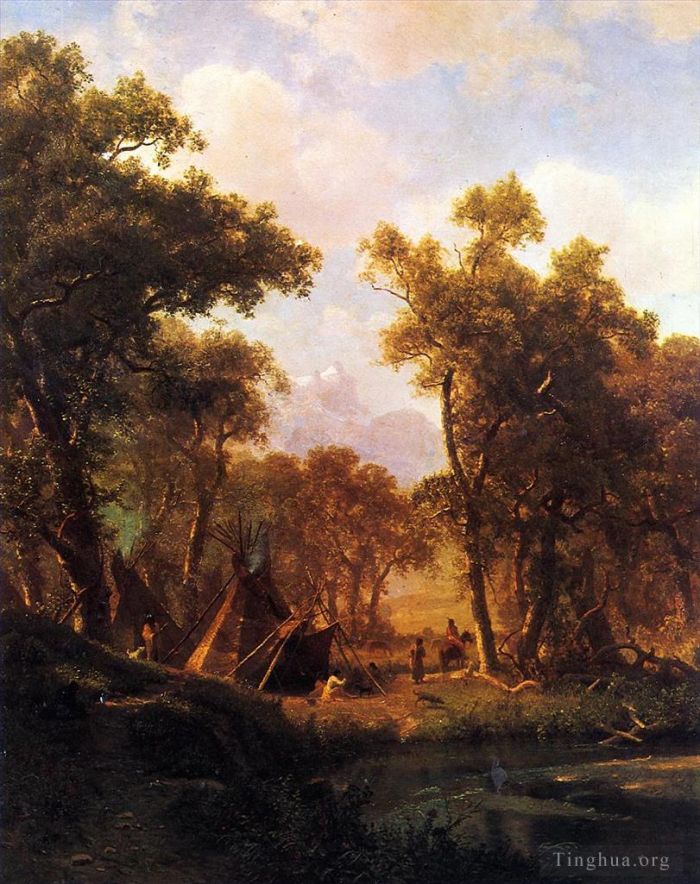 Albert Bierstadt Peinture à l'huile - Campement indien Shoshone Village