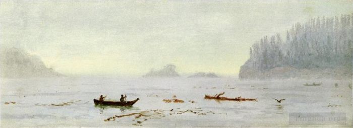 Albert Bierstadt Peinture à l'huile - Paysage marin luminisme pêcheur indien