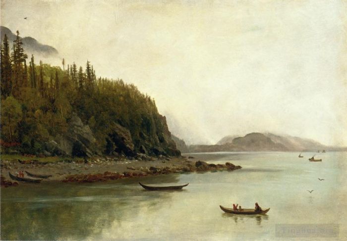 Albert Bierstadt Peinture à l'huile - Pêche des Indiens