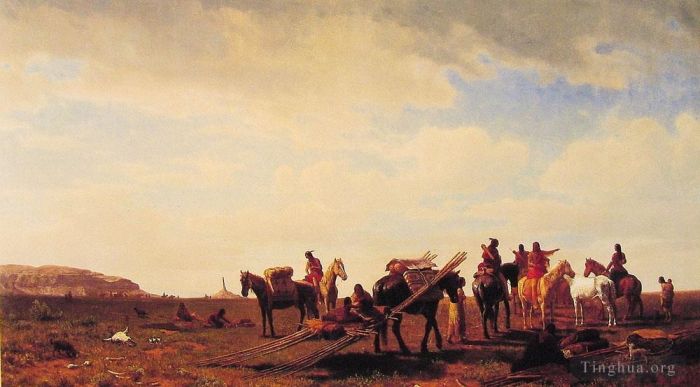 Albert Bierstadt Peinture à l'huile - Indiens voyageant près de Fort Laramie