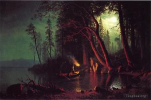 Albert Bierstadt œuvres - Lac Tahoe harponnant des poissons à la lueur des flambeaux