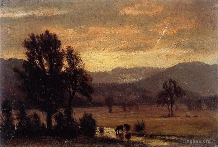Albert Bierstadt Peinture à l'huile - Paysage avec du bétail