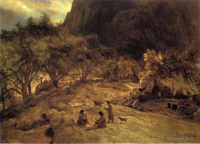 Albert Bierstadt Peinture à l'huile - Campement indien Mariposa Yosemite Valley en Californie
