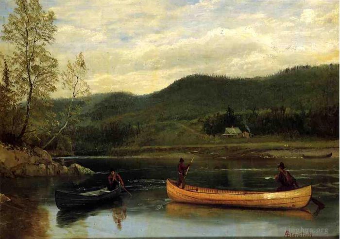 Albert Bierstadt Peinture à l'huile - Hommes dans deux canoës