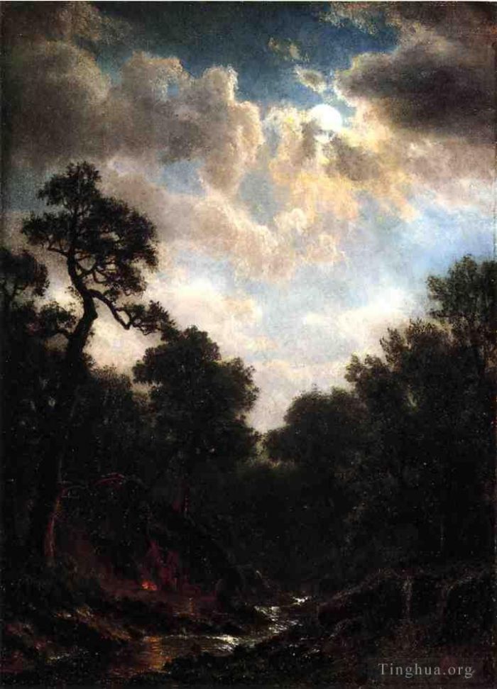 Albert Bierstadt Peinture à l'huile - Paysage au clair de lune
