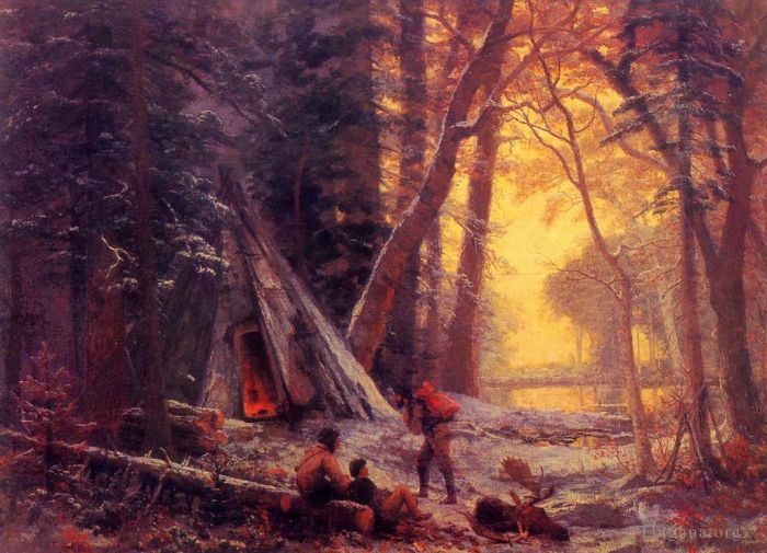 Albert Bierstadt Peinture à l'huile - Camp de chasseurs d'orignaux